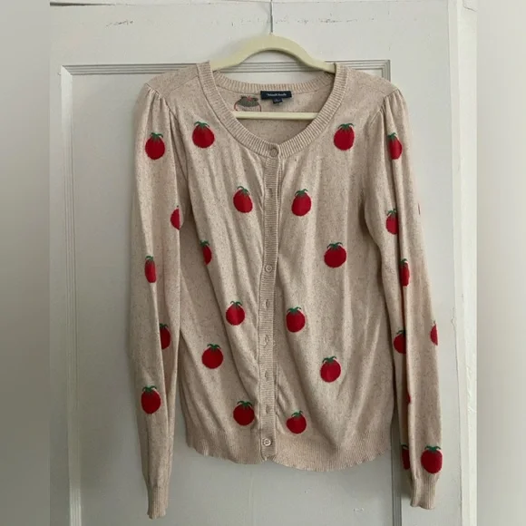Oatmeal Heather Cardigan with Red Tomato Print - Picture 2 of 3